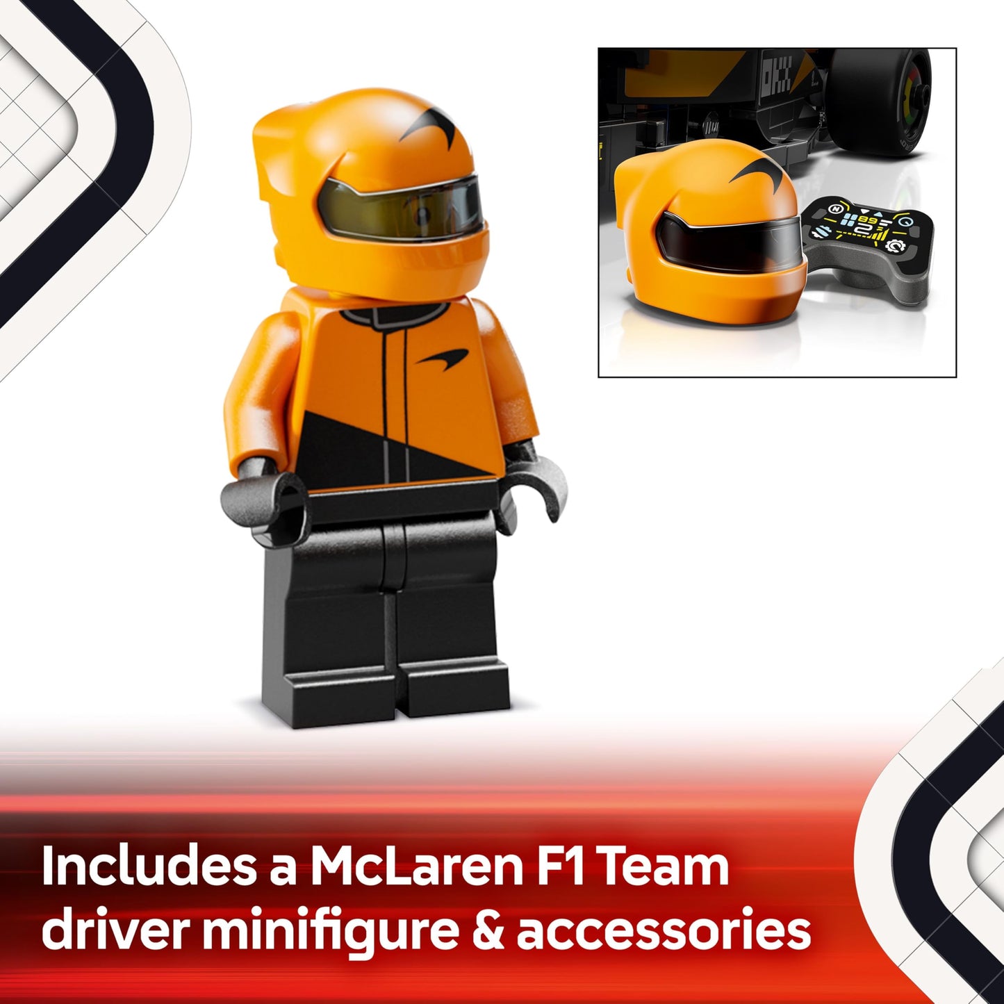LEGO Speed Champions McLaren F1 Team MCL38 race car model kit with collectible Formula 1 driver minifigure.