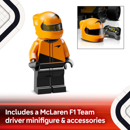 LEGO Speed Champions McLaren F1 Team MCL38 race car model kit with collectible Formula 1 driver minifigure.