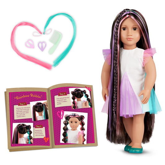 18-inch Our Generation doll Tina with lifelike brown eyes and ultra-long rainbow hair, featuring styling accessories and braid.
