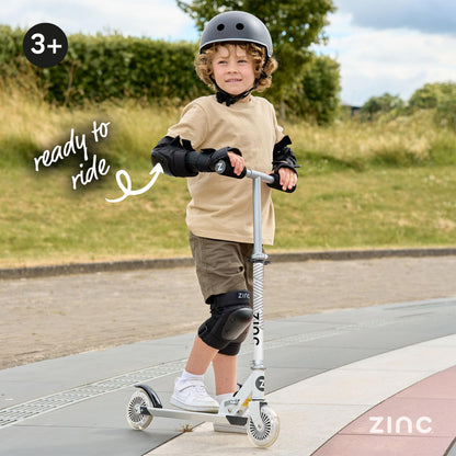 Zinc Two Wheeled Rider Kids Scooter for Ages 3+ – Folding 2-Wheel Kick Scooter with Light Up Wheels, Lightweight, Height Adjustable, Anti-Slip Footplate, Rear Footbrake, Soft Touch Foam Grips, White