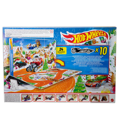 Hot Wheels Toy Cars & Playset, 2025 Advent Calendar with 10 Vehicles in 1:64 Scale, 10 Ornament Clips & 14 Winter-Themed Accessories, JCB47