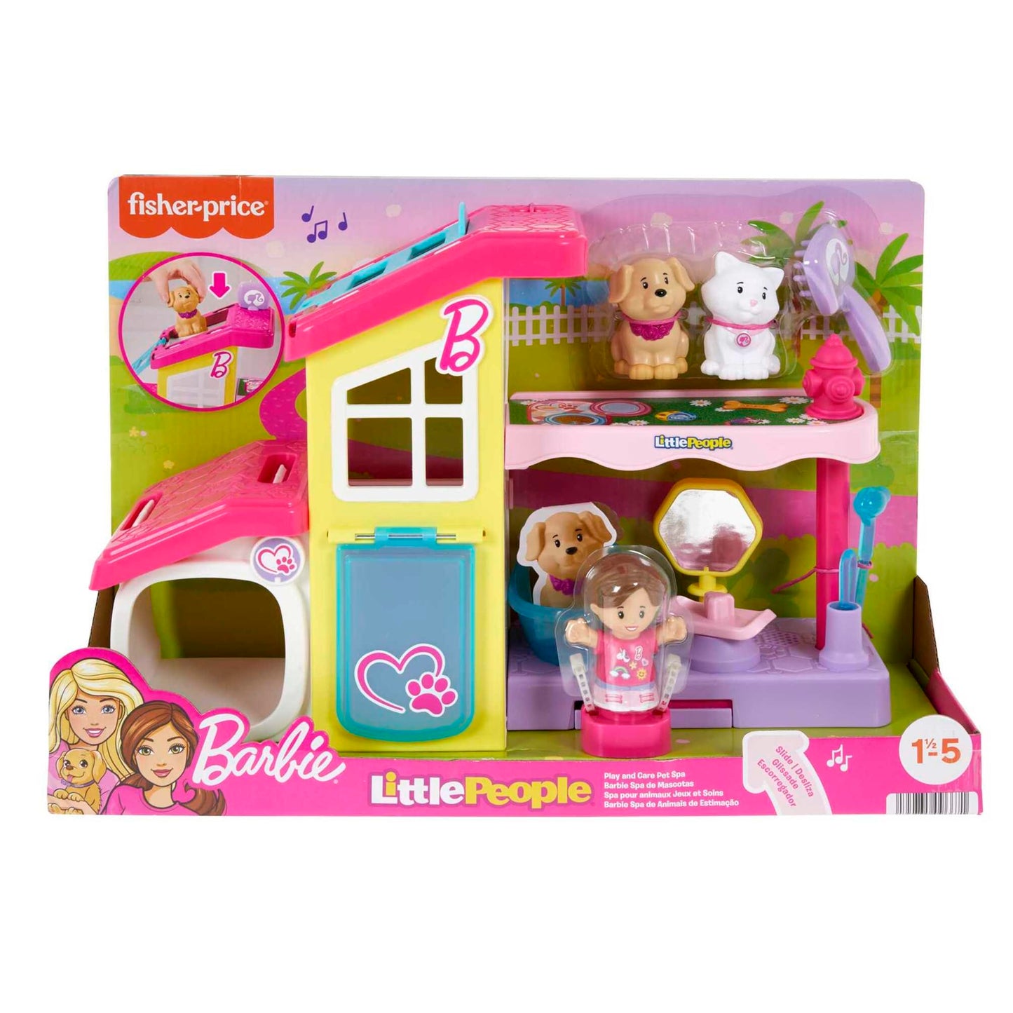 Fisher-Price Little People Barbie Toddler Toy Playset with spa, pet accessories, and musical sounds for kids aged 18 months and up.