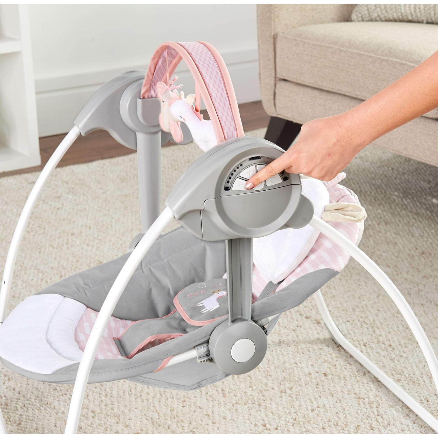Ingenuity Comfort 2 Go Compact Portable 6-Speed Cushioned Baby Swing with Music, Folds Easy, 0-9 Months 6-20 lbs (Pink Flora the Unicorn)