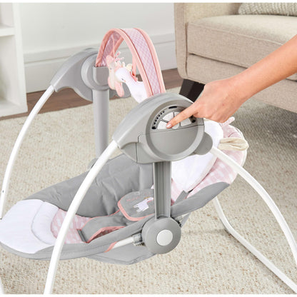 Ingenuity Comfort 2 Go Compact Portable 6-Speed Cushioned Baby Swing with Music, Folds Easy, 0-9 Months 6-20 lbs (Pink Flora the Unicorn)