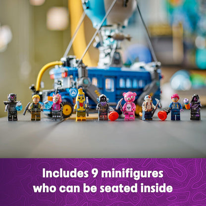 LEGO Fortnite Battle Bus model kit with nine character minifigures and accessories, featuring vibrant colors and detailed design.