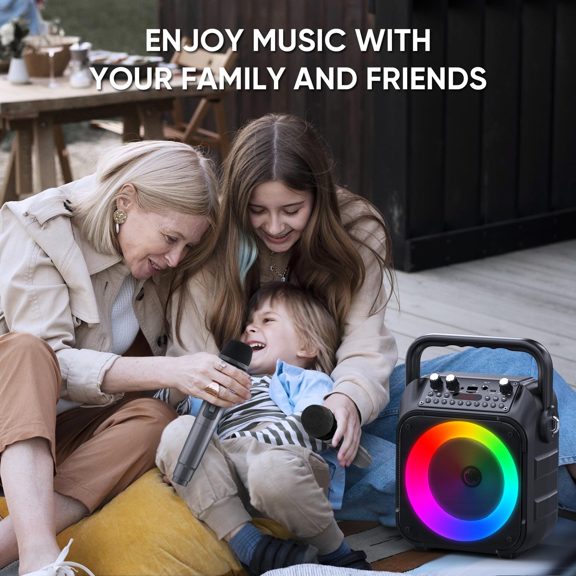 Wowstar portable karaoke machine with LED lights, two wireless microphones, Bluetooth speaker, TF card, USB, AUX, FM, and TWS support.
