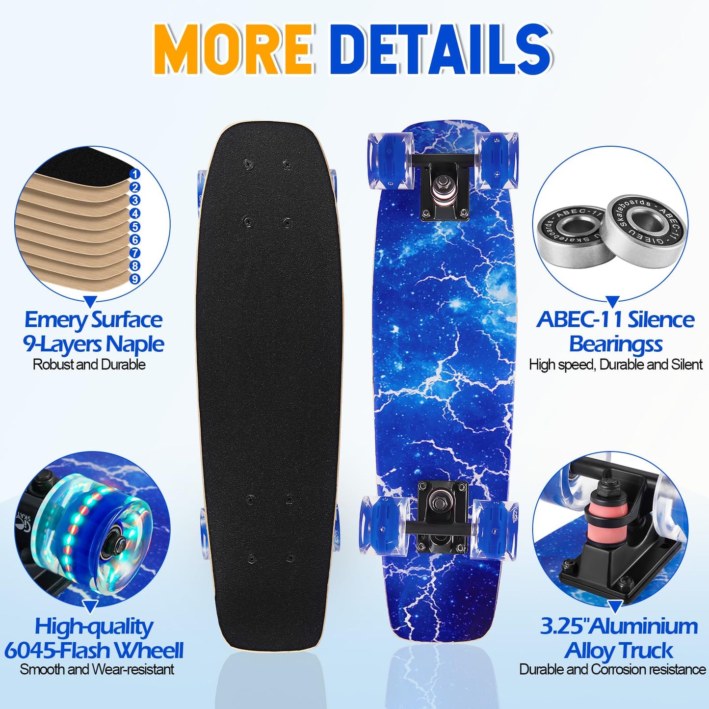GIEEU Skateboards with Colorful Flashing Wheels for Beginners, Kids, Teens, Adults, 21.8" x 6.1", Complete Standard Skateboards, 9 Layers Maple Deck, Concave Skateboard (X-Lighting)
