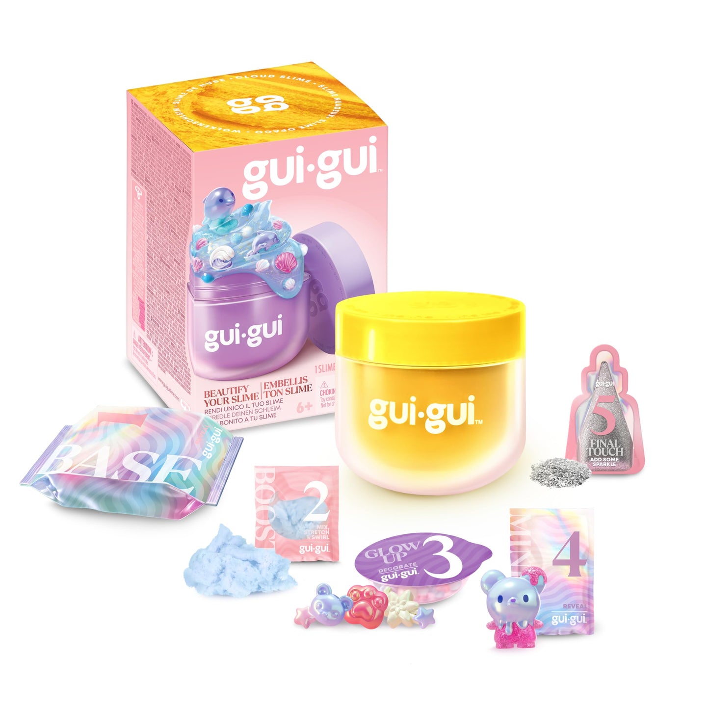 Gui Gui Gloss Slime with vibrant glow-up effect, featuring 13 scented slimes and 4 textures, perfect for kids and teens.