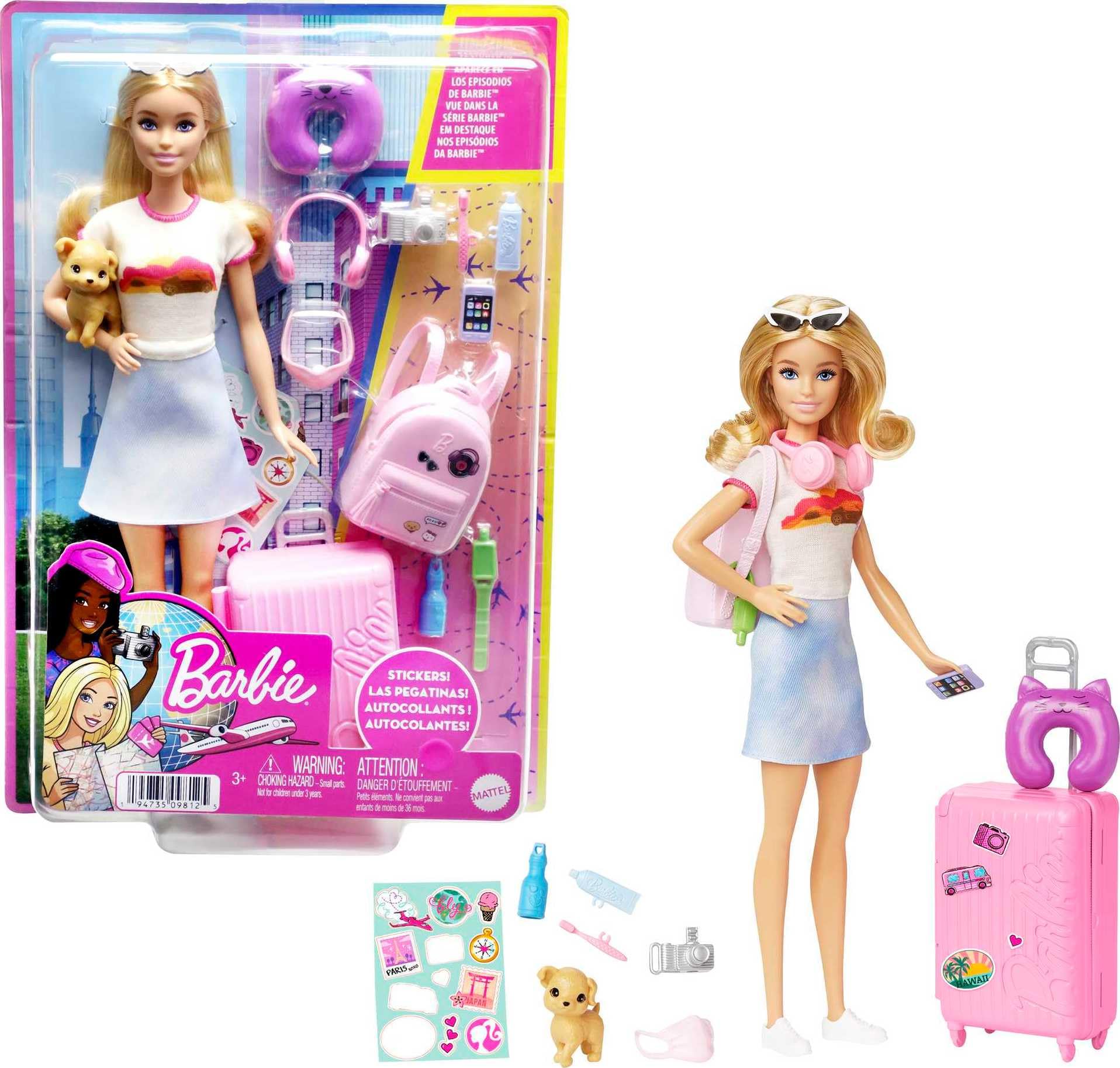 Barbie Malibu doll with blonde hair in a travel set featuring a puppy and suitcase with accessories.
