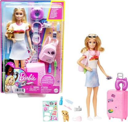 Barbie Malibu doll with blonde hair in a travel set featuring a puppy and suitcase with accessories.