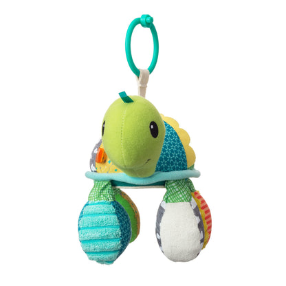 Infantino Go Gaga Turtle activity mirror clipped to a pram, designed for tummy time and sensory play for newborn babies.