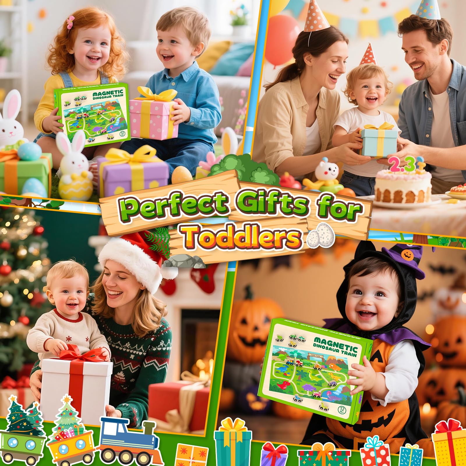 Wooden magnetic dinosaur train toys for toddlers, featuring colorful dinosaurs and engaging Montessori design for ages 1-3.