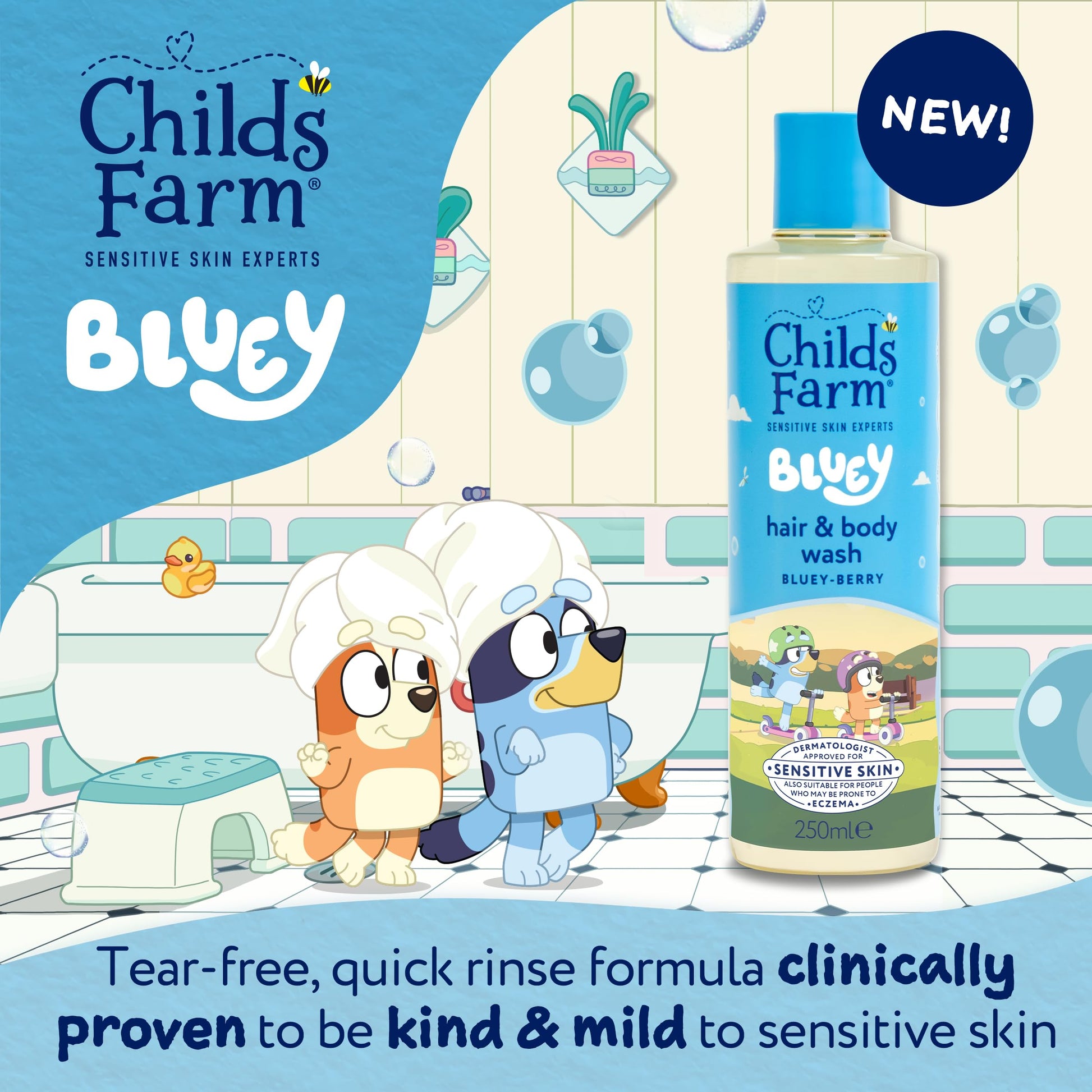 Childs Farm Bluey Berry Bubble Bath, Hair & Body Wash, and Body Moisturiser for sensitive, dry skin, suitable for all ages.