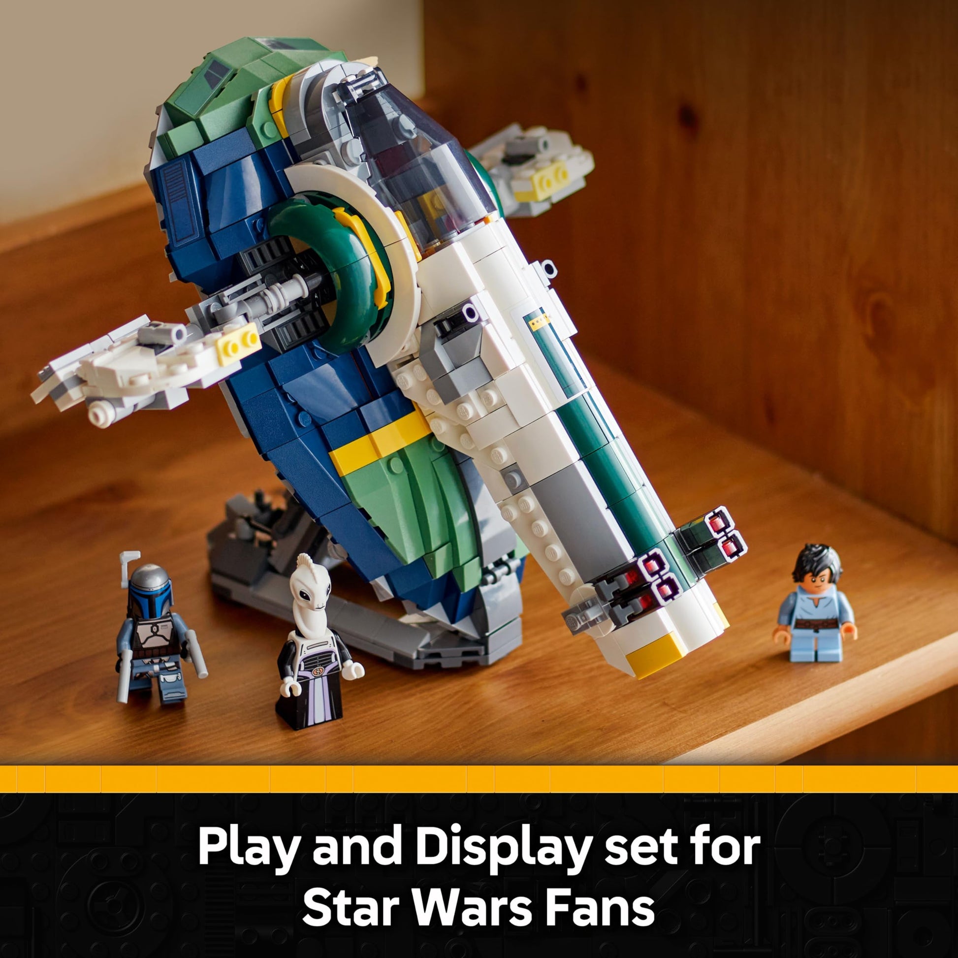 LEGO Star Wars 75433 Jango Fett's Starship toy with rotating wings and Boba Fett minifigure, ideal for display and play.