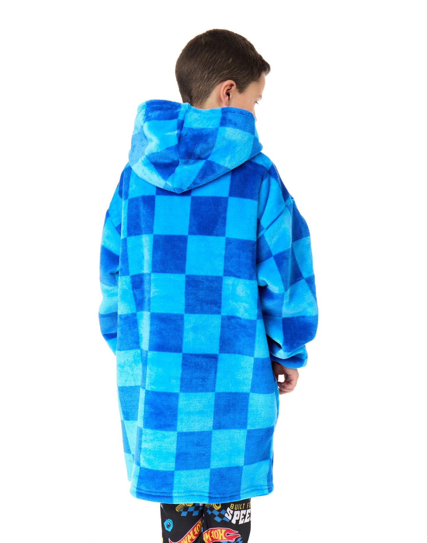 Hot Wheels Boys Wearable Blanket Hoodie | Children's Oversized Fleece Pullover in Blue with Printed Car Shaped Pocket | Kids Racing Flame Logo Hooded Loungewear | Toy Car Collectors Merchandise Gift