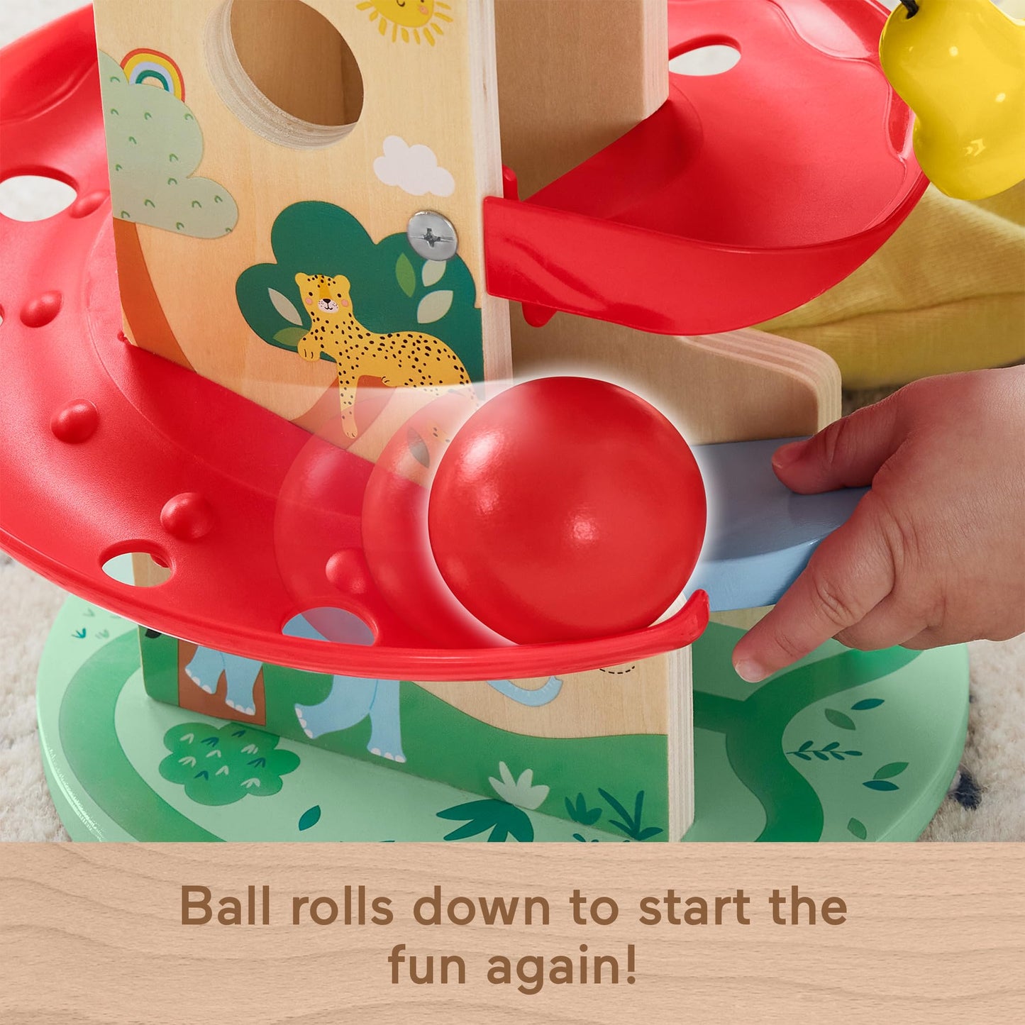 Fisher-Price wooden tree house ball run toy with two wooden pieces for infants aged 9 months and up.