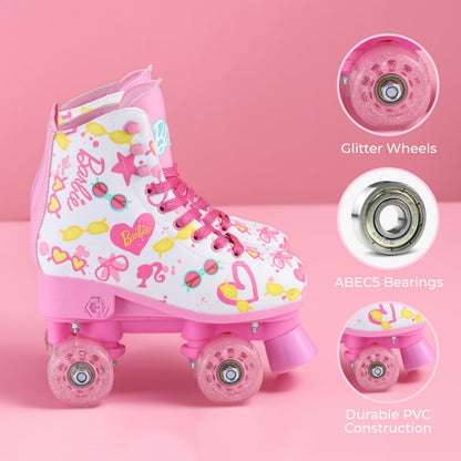 VOYAGER Barbie roller skates for girls with glitter wheels, adjustable sizes 12-2, durable PVC, foam lining for active fun.