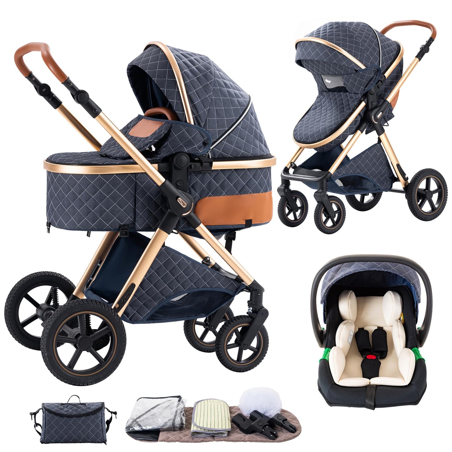 Shineey 3 in 1 Baby Stroller with Height Adjustable Handle,3 in 1 Prams Travel System, Lightweight Foldable Pushchair, Prams with Aluminum Frame for Portable Baby Carriage