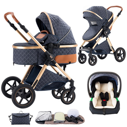 Shineey 3 in 1 Baby Stroller with Height Adjustable Handle,3 in 1 Prams Travel System, Lightweight Foldable Pushchair, Prams with Aluminum Frame for Portable Baby Carriage
