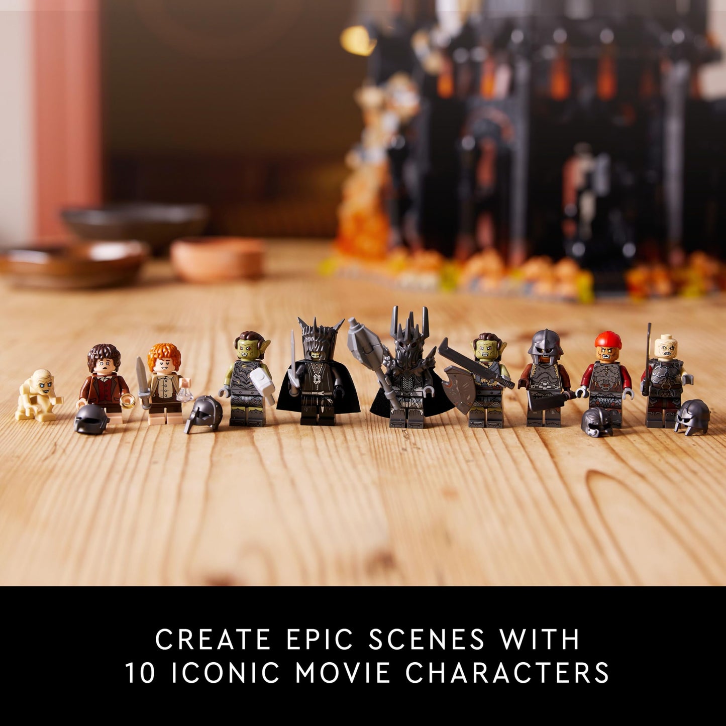 LEGO Icons Barad-dûr model set featuring Sauron, Gothmog, Orc, Frodo, Sam, and Gollum minifigures for adults.