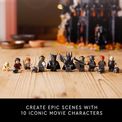 LEGO Icons Barad-dûr model set featuring Sauron, Gothmog, Orc, Frodo, Sam, and Gollum minifigures for adults.