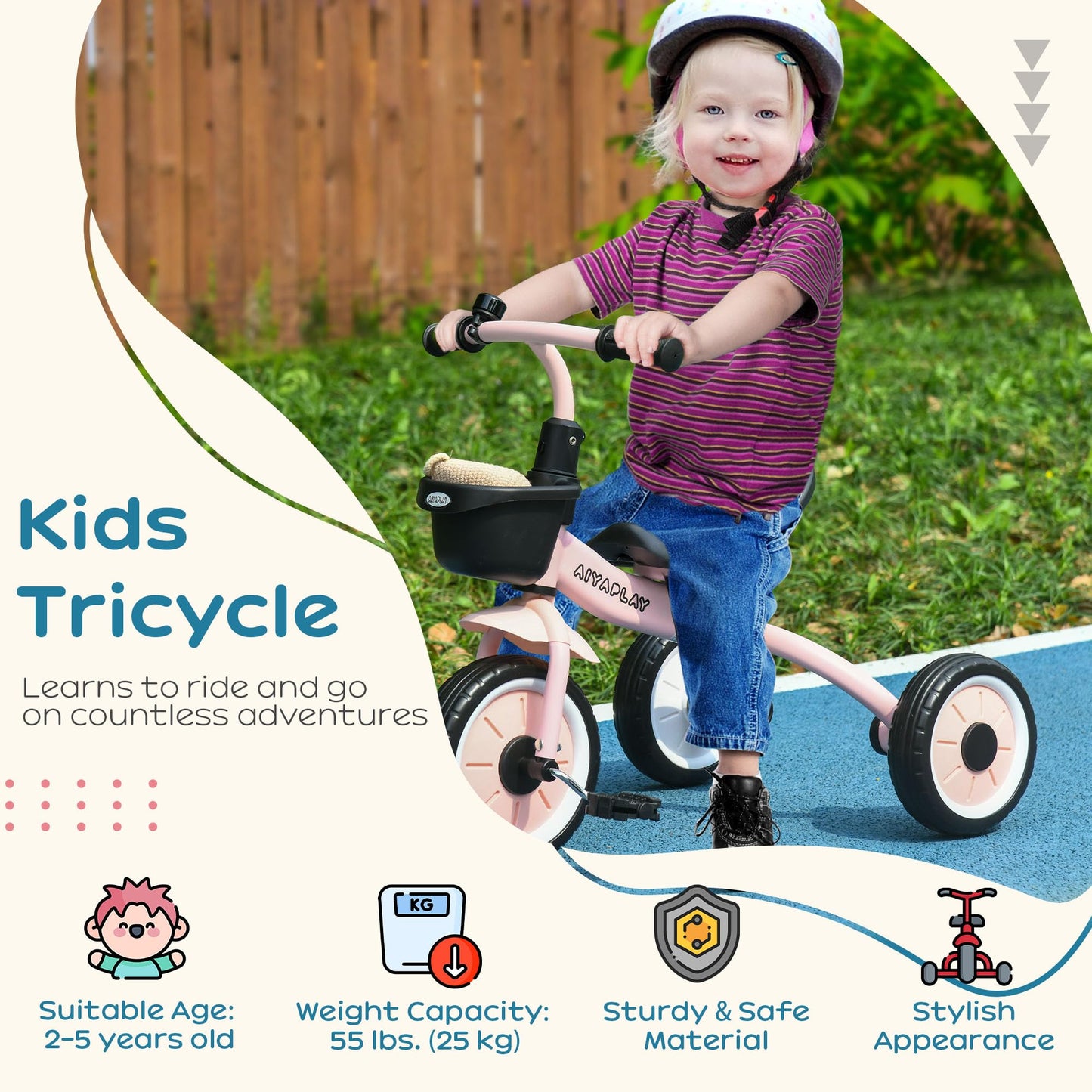AIYAPLAY Baby Trike, Toddler Tricycle with Adjustable Seat, Basket, Bell, Kids Tricycle for 2-5 Years Old, Pink