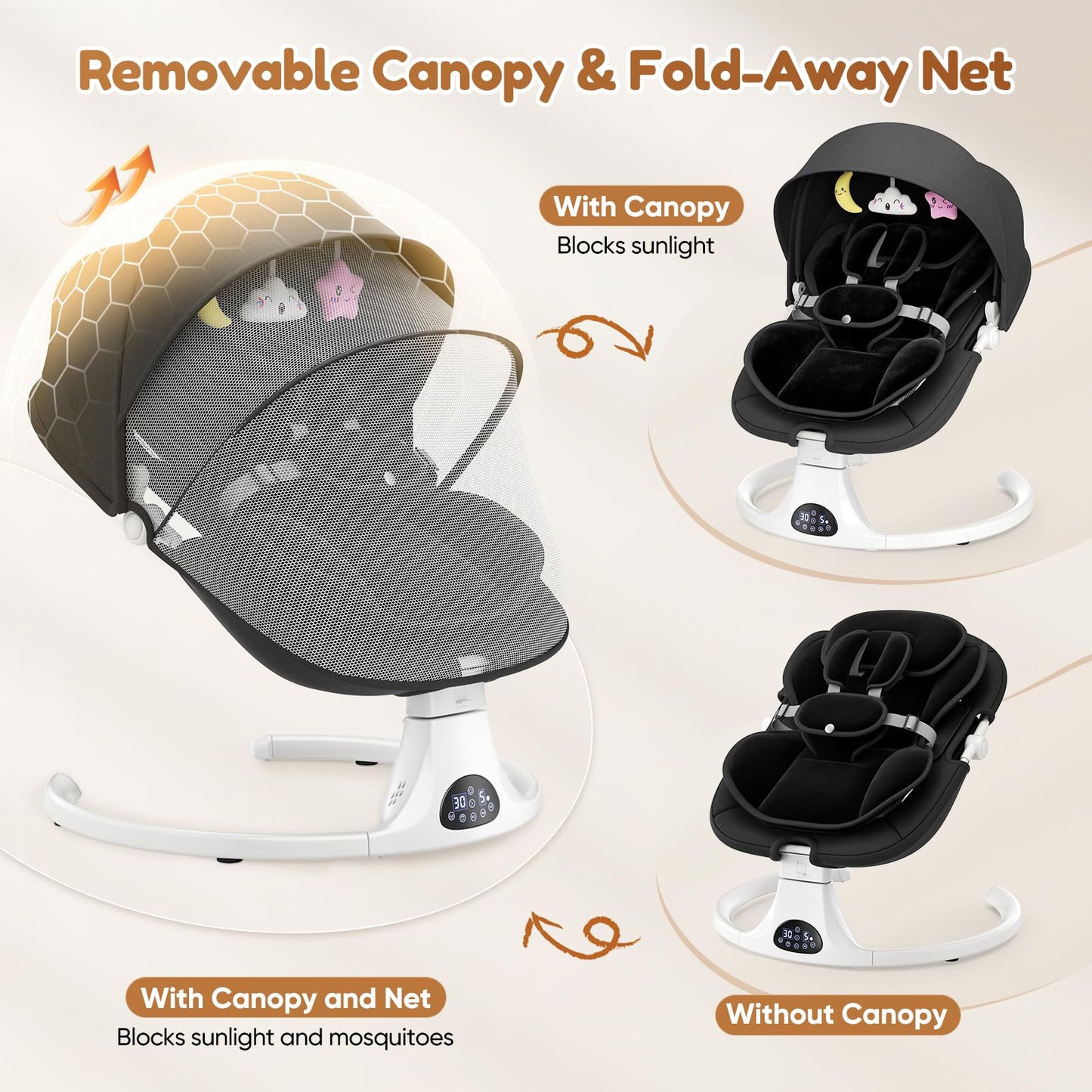 Helangel baby swing for infants and toddlers with 3-seat positions, Bluetooth music, 5-speed settings, indoor and outdoor use.
