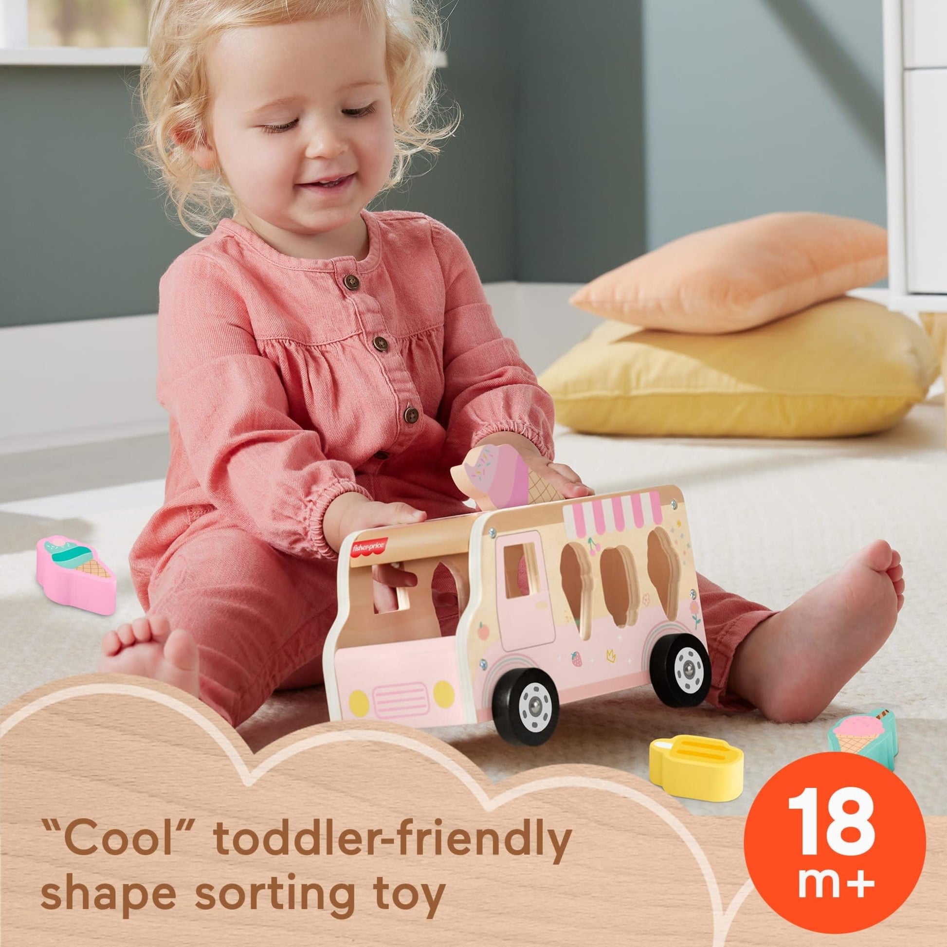 Fisher-Price Wood Toddler Ice Cream Truck Shape Sorter Set with 9 wooden pieces for developmental play, ages 18+ months.