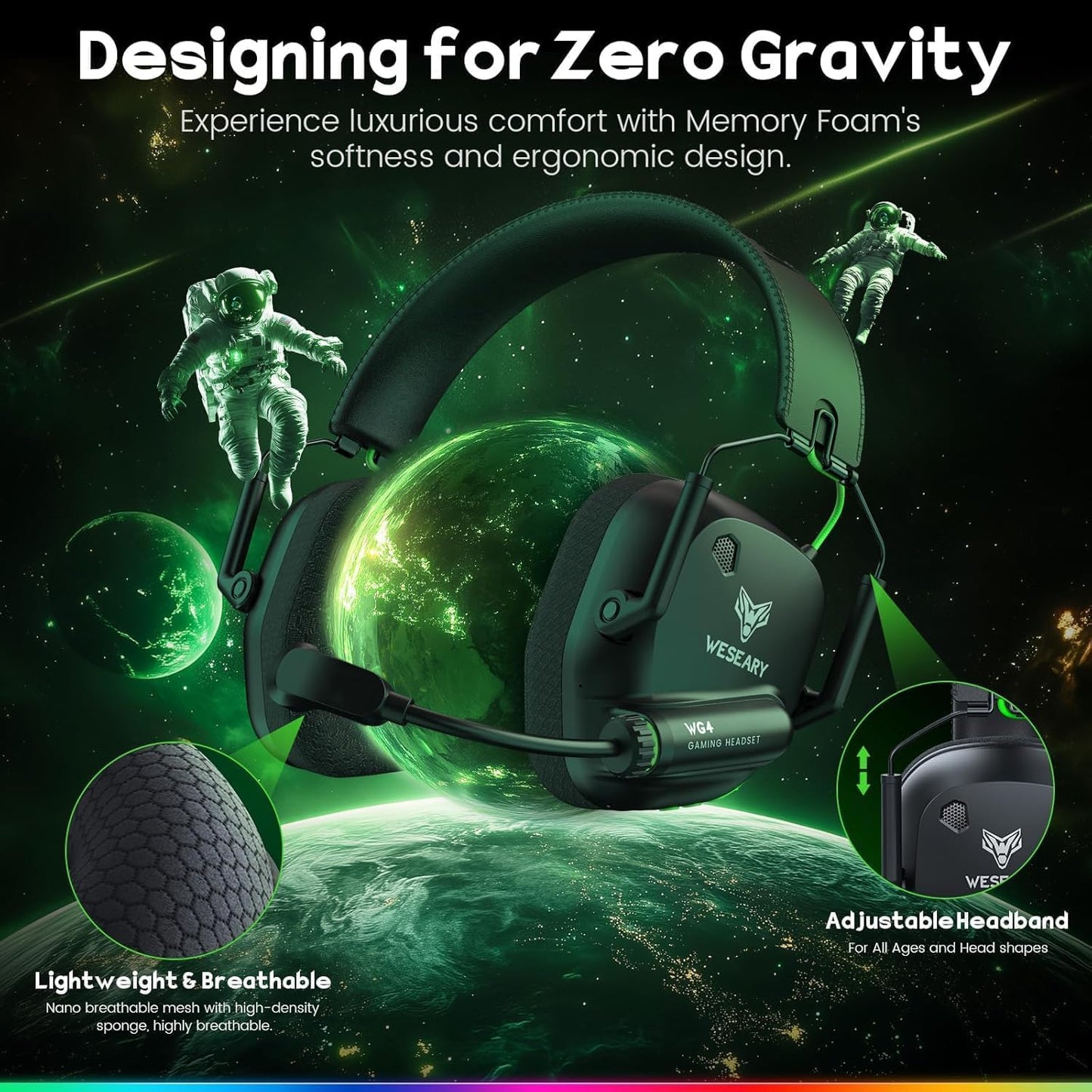 WESEARY Wireless 2.4GHz Gaming Headset for PS5, PS4, Mac, Switch, Mobile, Gaming Headphones with Crystal-Clear ENC Mic, Bluetooth 5.4, Ultra-Low Latency, Stereo Bluetooth Headset for PC