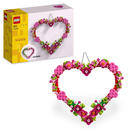 LEGO Heart Ornament Toy arts & crafts kit with colorful flowers, leaves, and smaller hearts for kids aged 9 and up.
