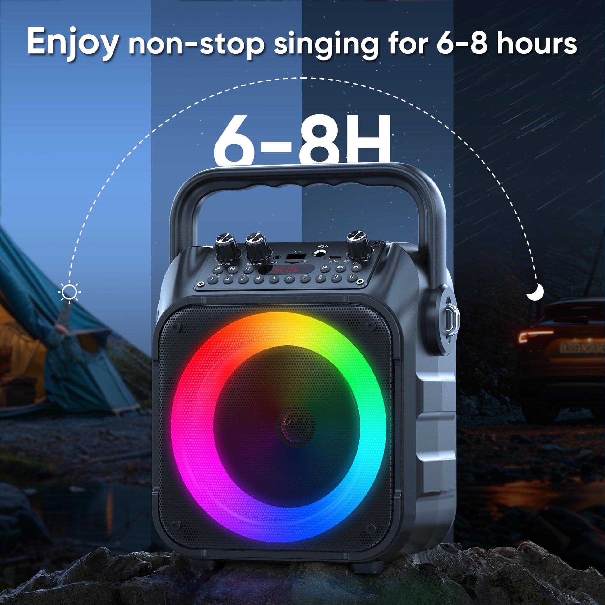 Wowstar portable karaoke machine with two wireless microphones, LED lights, Bluetooth speaker, TF card, USB, AUX, FM, and TWS support.