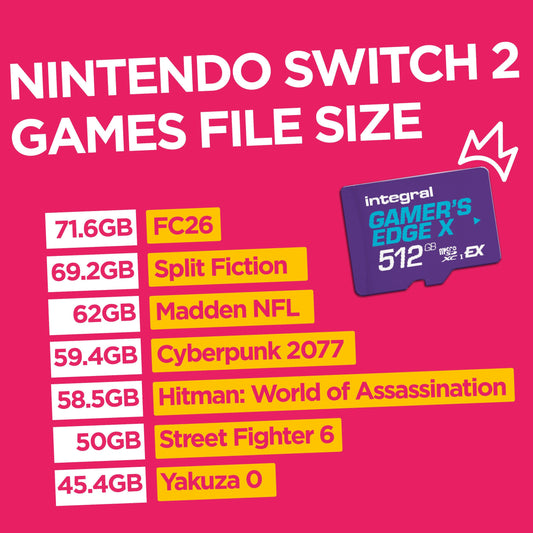 Integral Gamer's Edge X 512GB Micro SD Express Card for Nintendo Switch 2, high-speed NVMe PCIe storage with 4K video support.