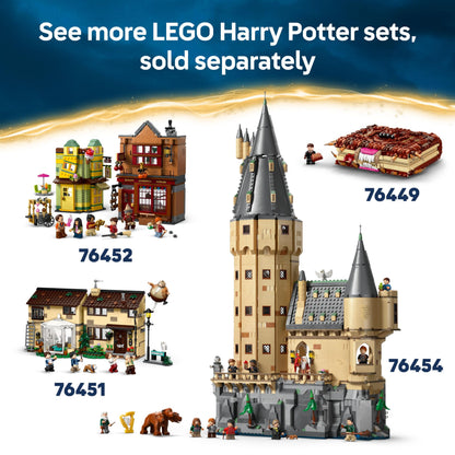 LEGO Harry Potter Hogwarts Express set featuring a train toy, Ron Weasley minifigure, and Hedwig and Scabbers figures.