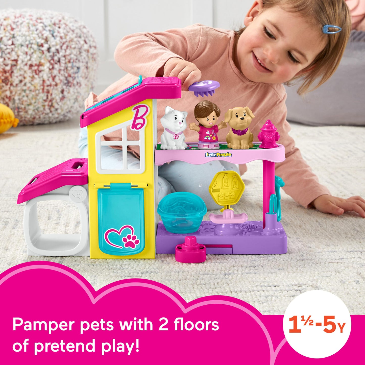 Fisher-Price Little People Barbie Toddler Toy Playset with pet spa, featuring music and sound effects for pretend play for kids 18+ months.