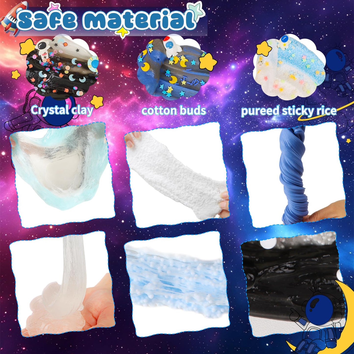 Six-pack Hirsrian slime making kit featuring fluffy, clear, and crunchy starry sky slimes with accessories for kids and stress relief.