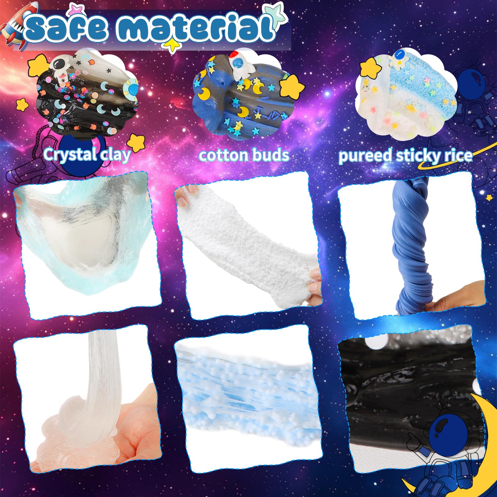 Six-pack Hirsrian slime making kit featuring fluffy, clear, and crunchy starry sky slimes with accessories for kids and stress relief.