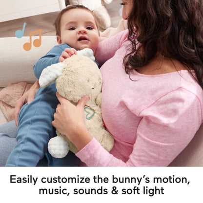 Fisher-Price baby sound machine Soothe & Settle Bunny plush toy with music, lights, and motion for newborns.