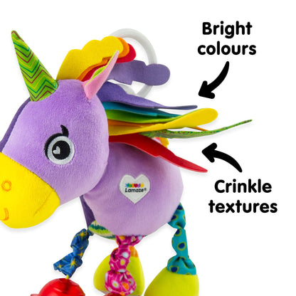 LAMAZE Tomy squeaky unicorn toy for babies with soft fabric and textured surface, perfect for sensory play and teething.