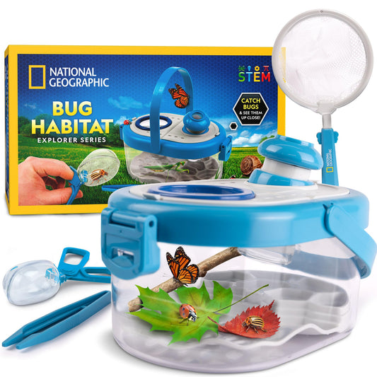 Blue Marble National Geographic bug catcher kit for kids with net, insect habitat, magnified viewers, and tweezers for bug collecting.