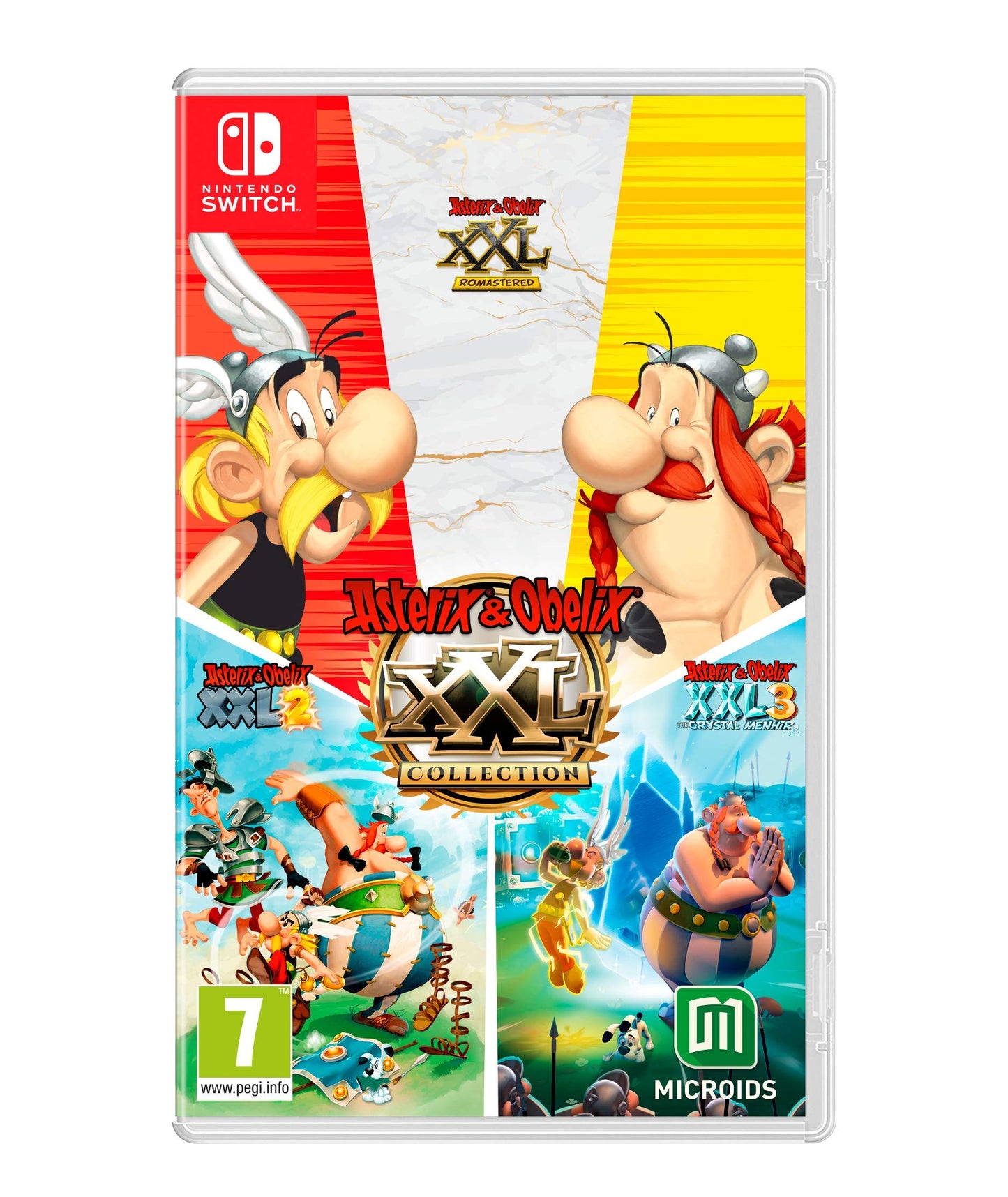 Nintendo Switch game cover for Asterix & Obelix XXL Collection by Maximum Games featuring colorful cartoon characters.