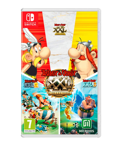 Nintendo Switch game cover for Asterix & Obelix XXL Collection by Maximum Games featuring colorful cartoon characters.