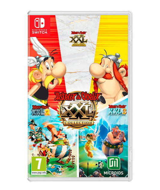 Nintendo Switch game cover for Asterix & Obelix XXL Collection by Maximum Games featuring colorful cartoon characters.