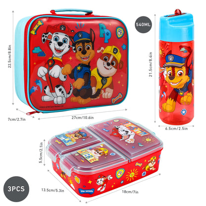 Zawadi Global Paw Patrol Kids Childrens Lunch Box Set – Insulated Lunch Bag, Multicompartment Lunch Box & 540ml Water Bottle - School Travel Lunch Food Set, BPA Free