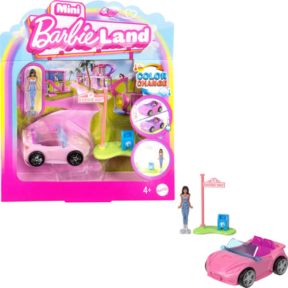 Mini BarbieLand doll and convertible car set with color-change feature, includes street sign accessory, by Barbie.