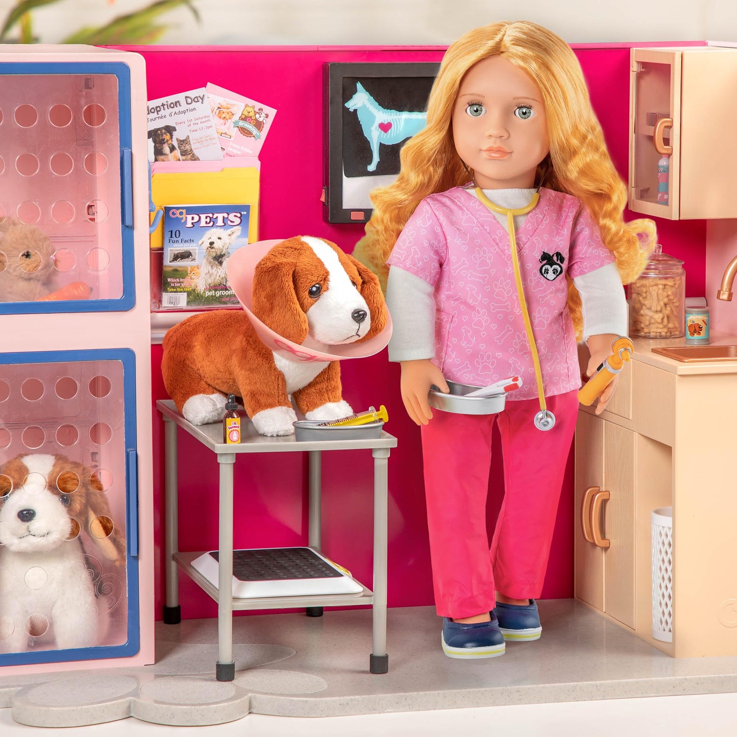 Our Generation Healthy Paws Vet Clinic playset with pink vet clinic accessories for 18-inch fashion dolls.