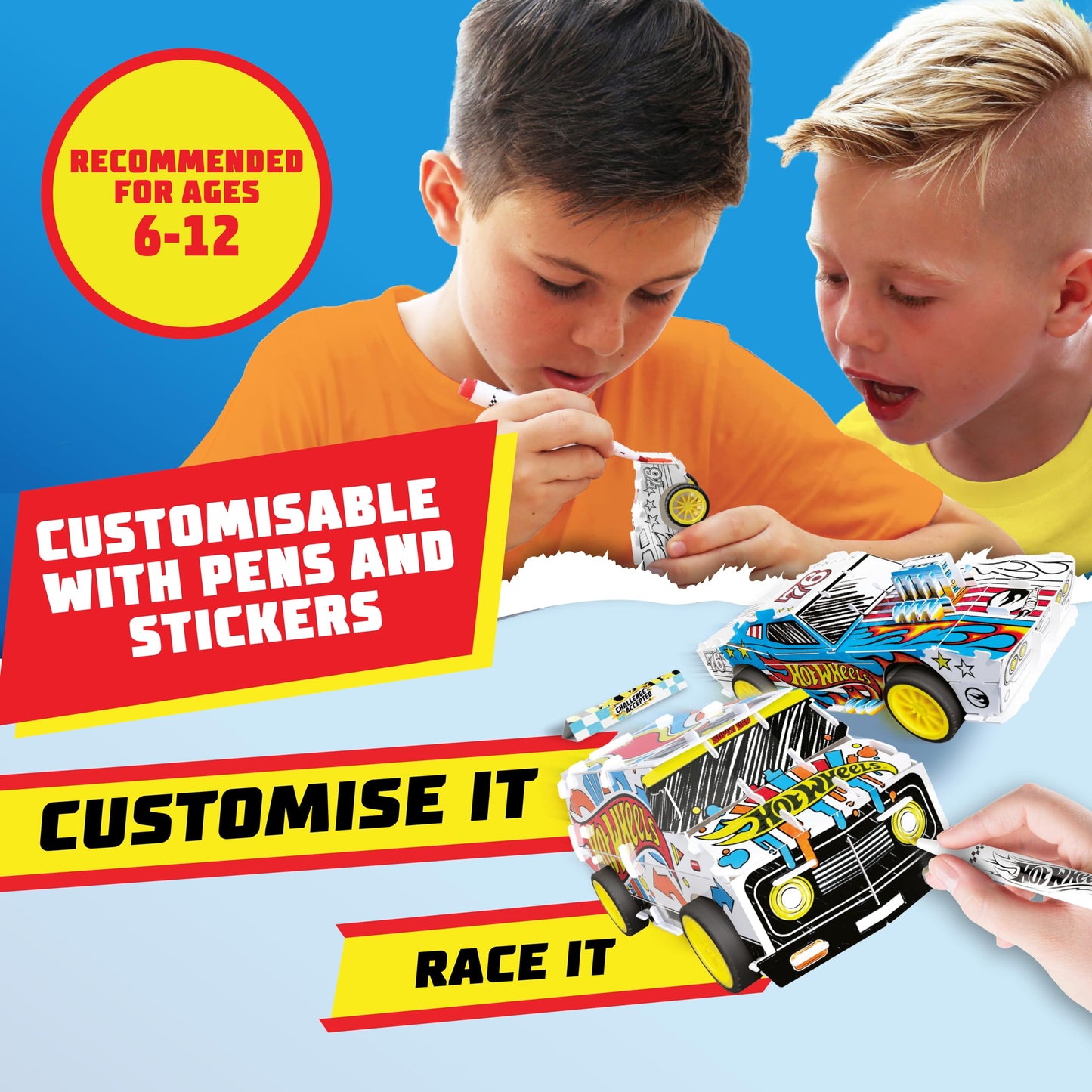BLADEZ Hot Wheels Custom Racers, DIY Twin Pack, Make Your Own/Build Your Own, Pull Back Vehicles for kids, Customisable with pens and stickers, Creative Maker Kitz by Bladez Toyz