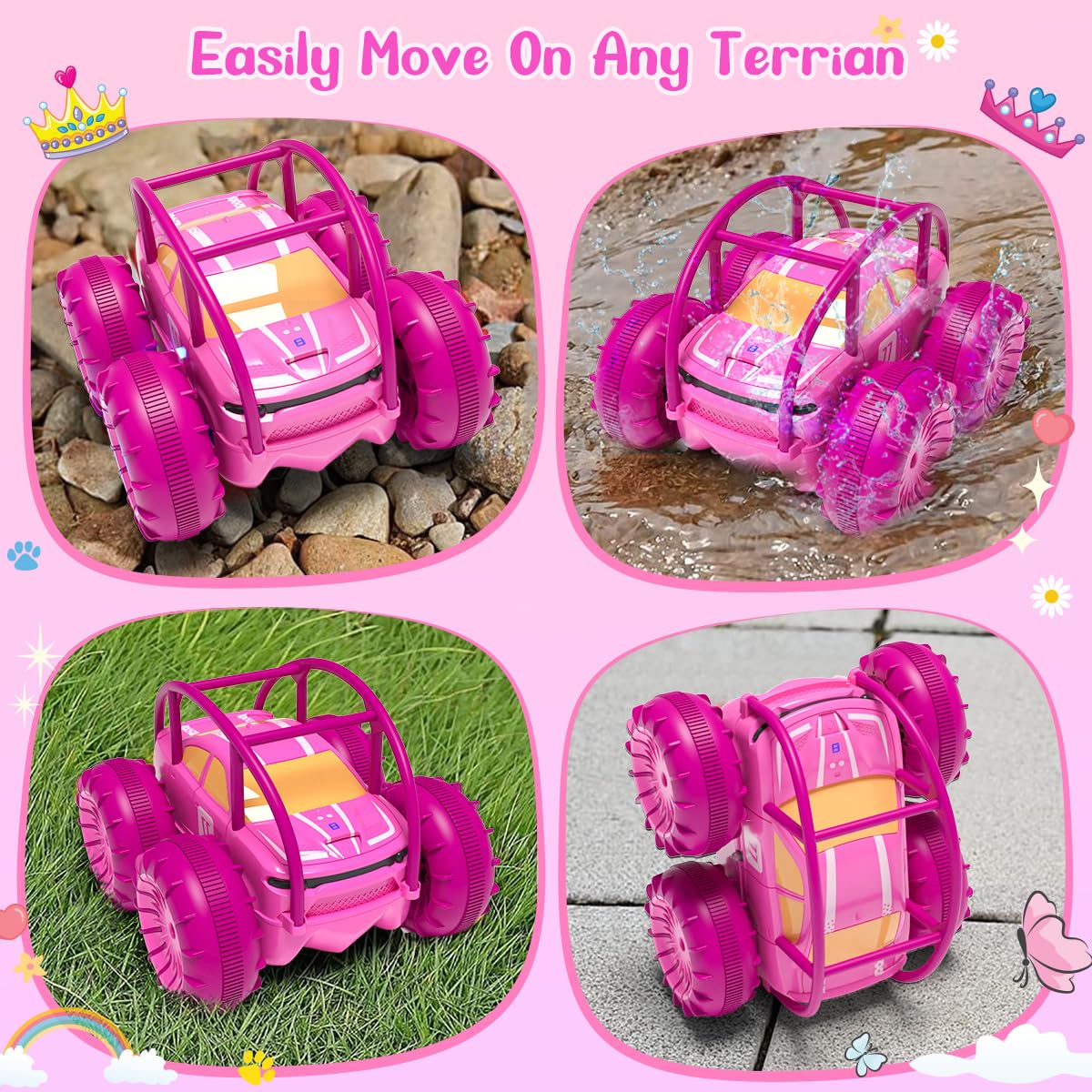 MaxTronic Direct Charging Remote Control Car for Girls, Amphibious RC Cars Toy 2.4G 360° Flips Rotation 15KM/H 4WD All Terrain Stunt Car with Ajustable LED for Kids 3-12 Years Old，Pink