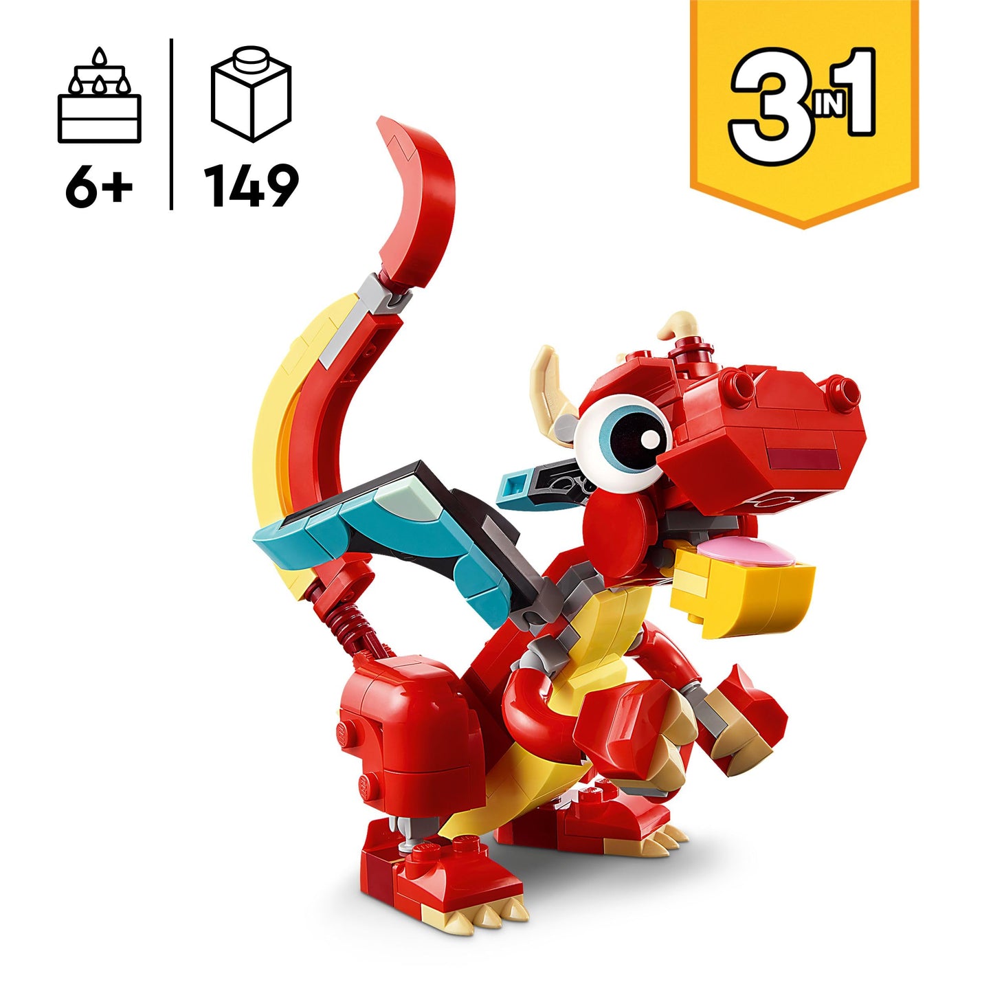 LEGO Creator 3in1 set featuring a red dragon, fish figure, and phoenix bird model for imaginative play and creativity.