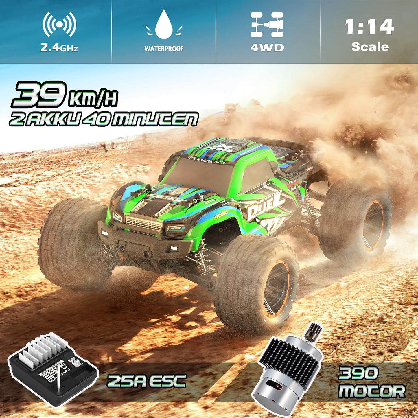 HAIBOXING RC Car, 1:14 Remote Control Car for Adults & Kids, 39+KPH Hobby Electric Monster Truck, 2.4GHz 4WD All Terrain Waterproof Off Road RC Truck, Toys Vehicle Hobby Grade Buggy for Boys