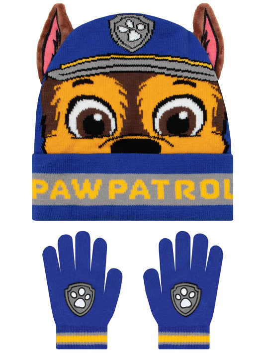 Paw Patrol Hat And Gloves Set For Kids, Chase Boys Hat And Gloves Set With 3D Ears, Blue, One Size